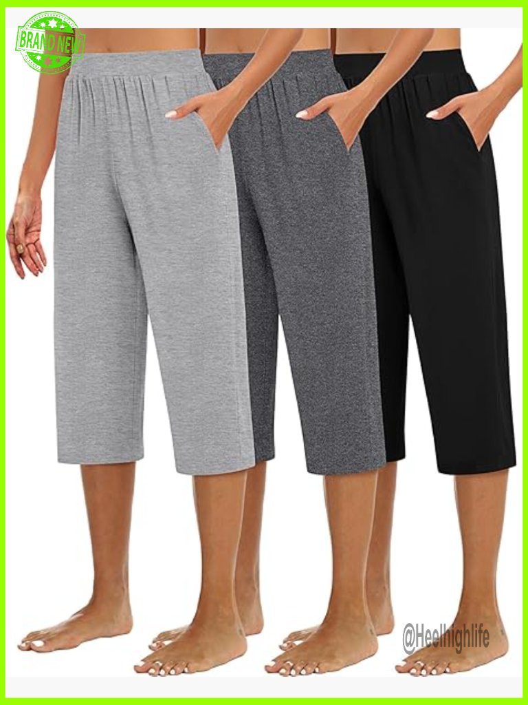 3 Pack Women's Capri Sweatpants, Wide Leg Joggers With Pockets, Yoga Lounge